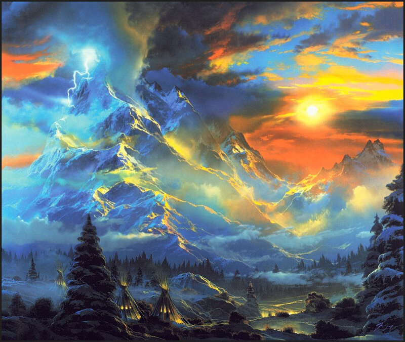 Mountain sunset with lightning
