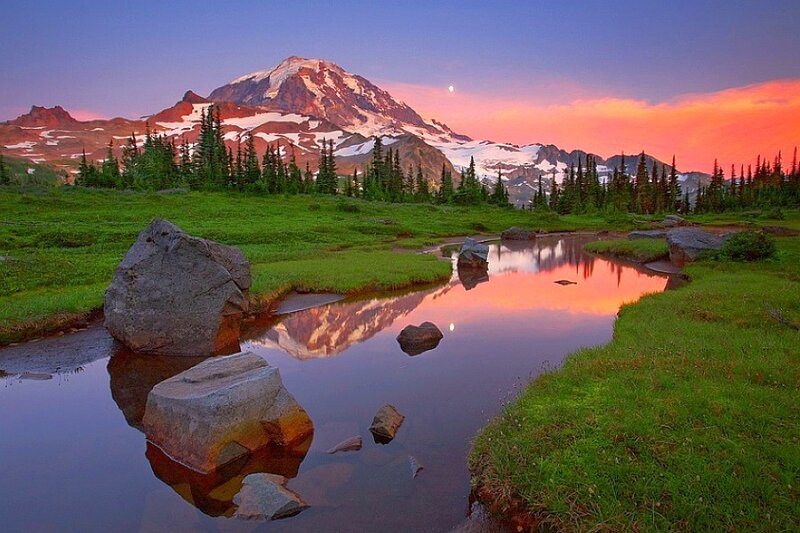Mountain sunset with moon