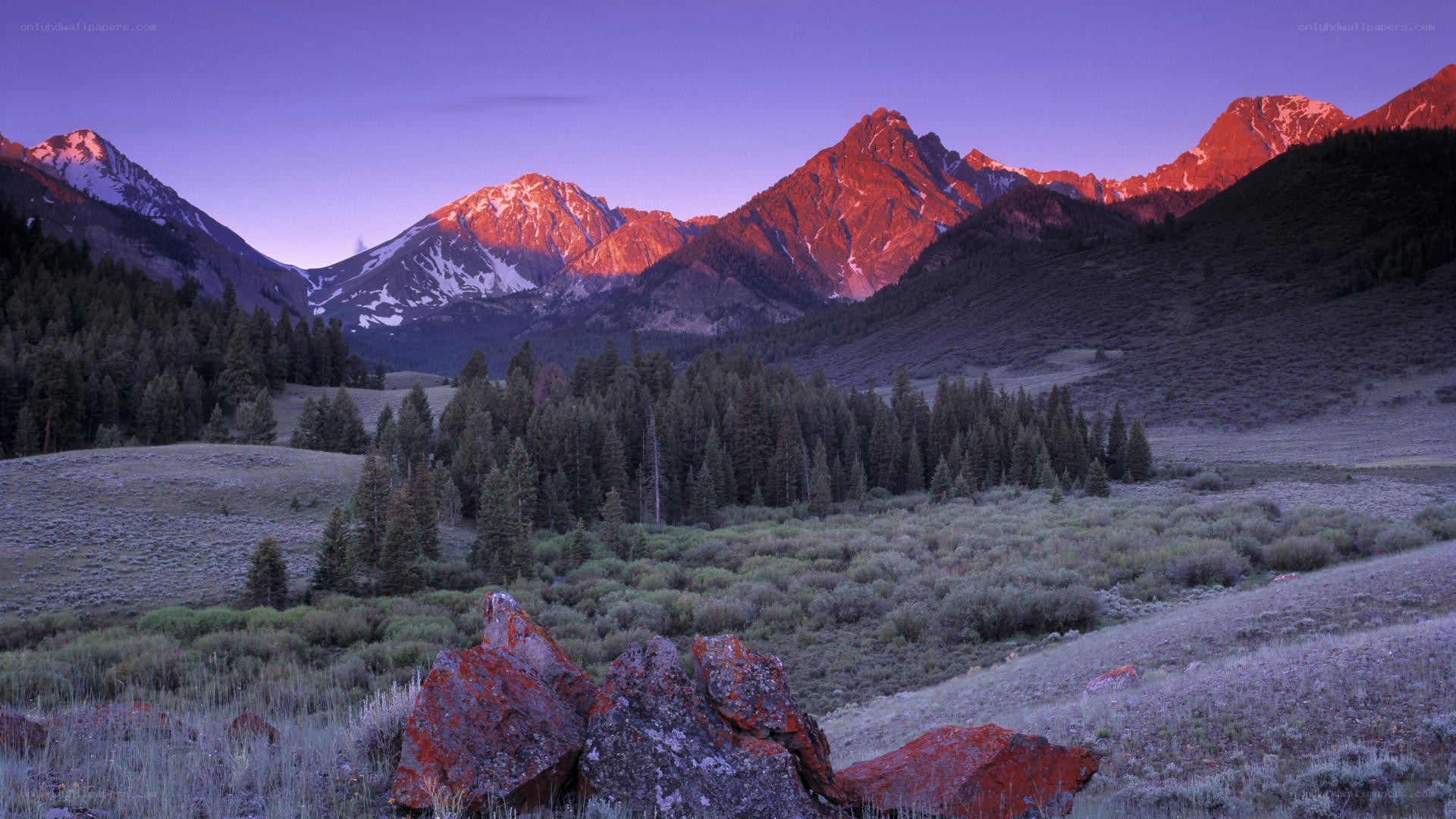 Mountain sunset with red rocks