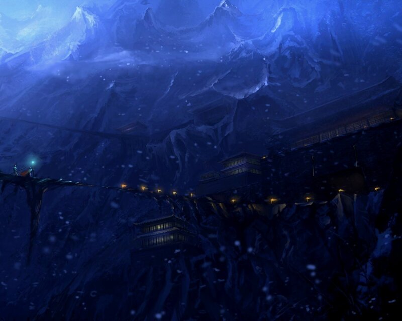 mountain temple at night