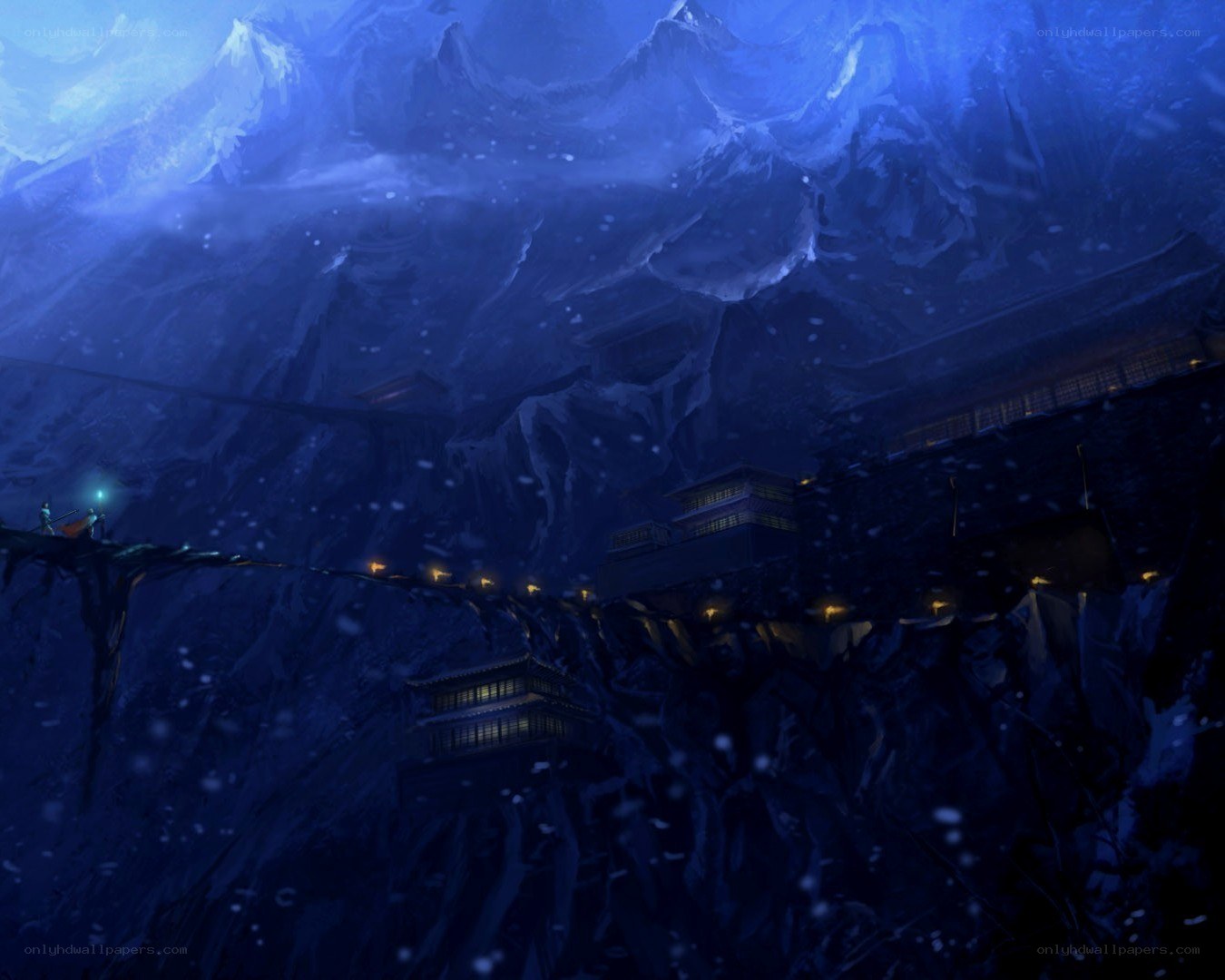 mountain temple at night
