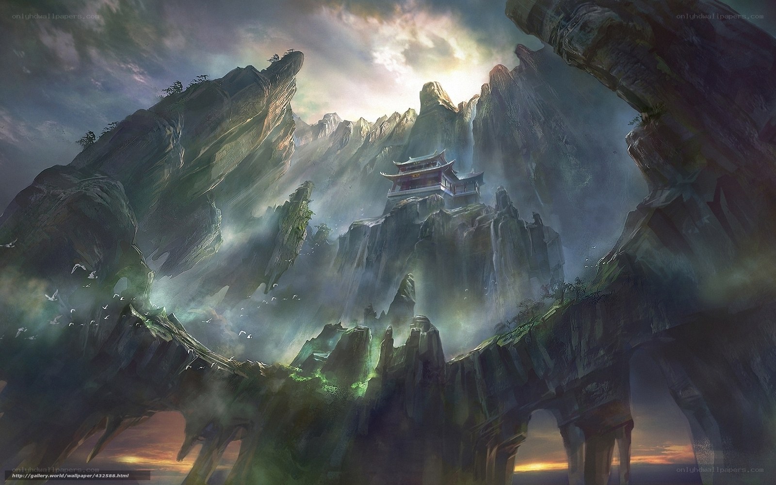 Mountain temple at sunset
