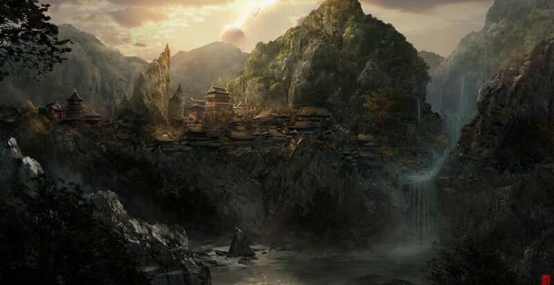 Mountain temple at sunset