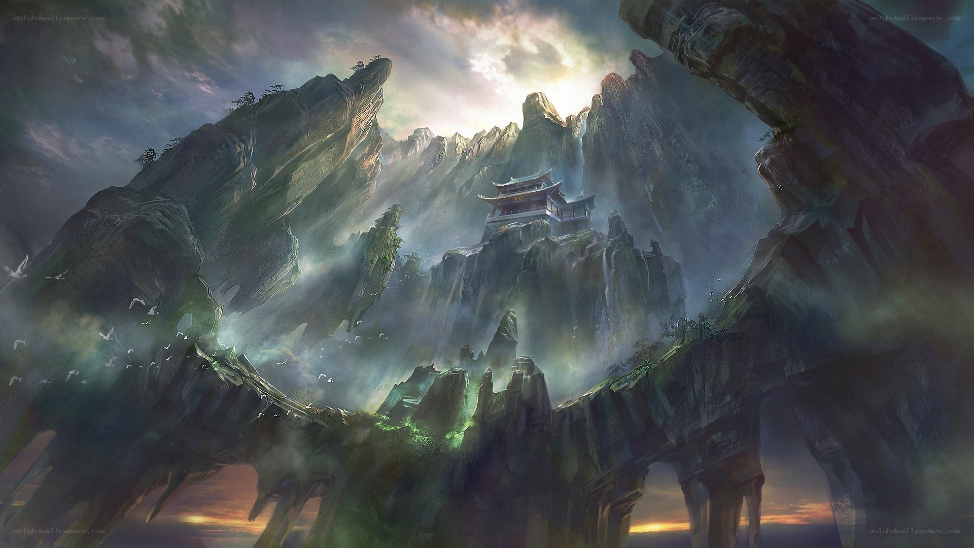 Mountain temple at sunset