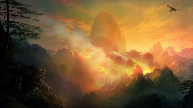 Mountain temple at sunset