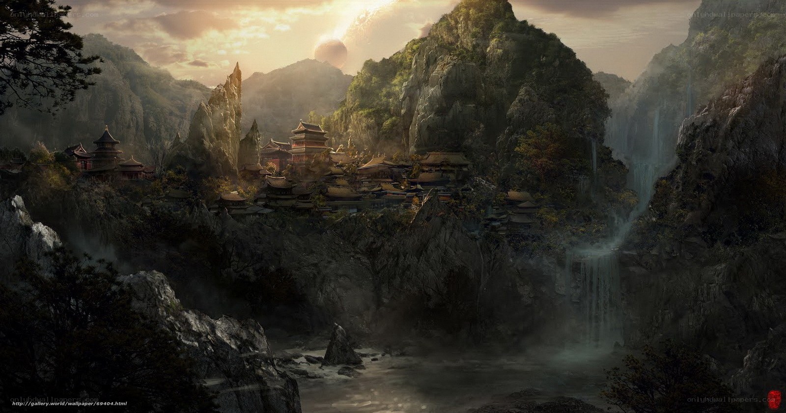 Mountain temple at sunset