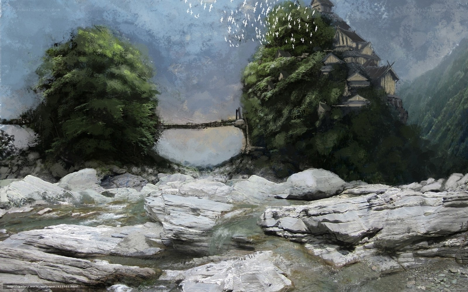 Mountain temple by a river