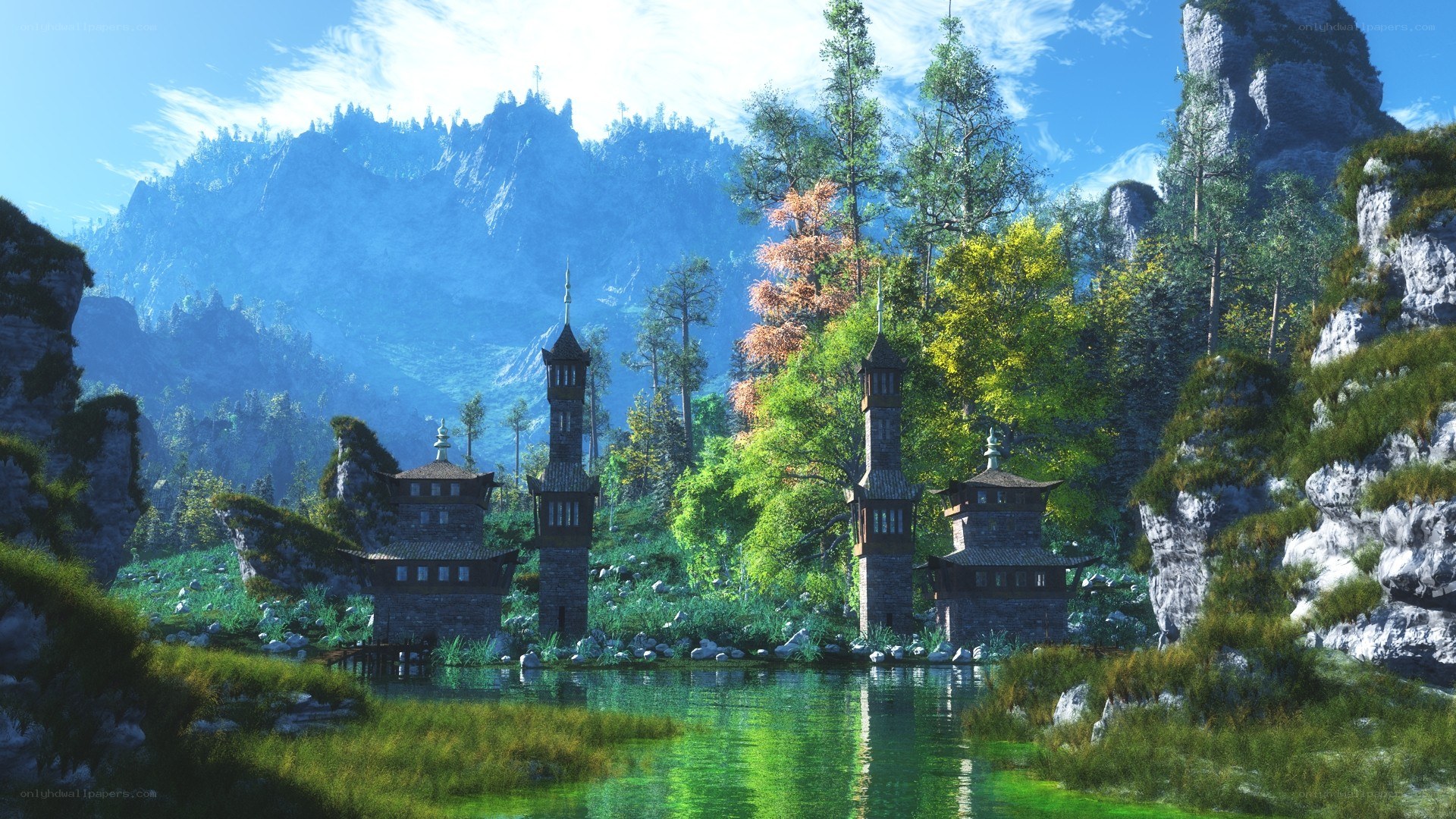 Mountain temple by the lake