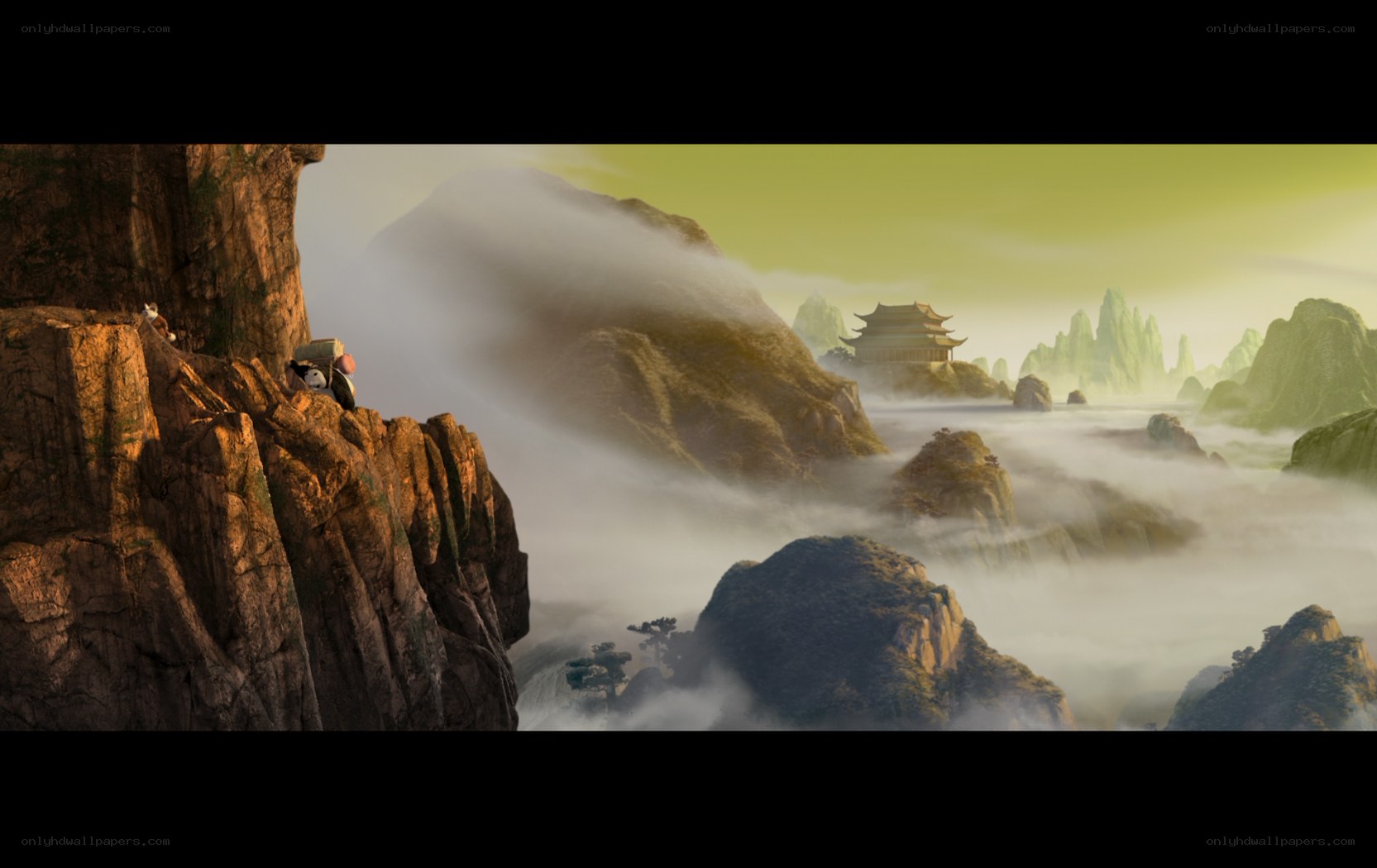 mountain temple in mist