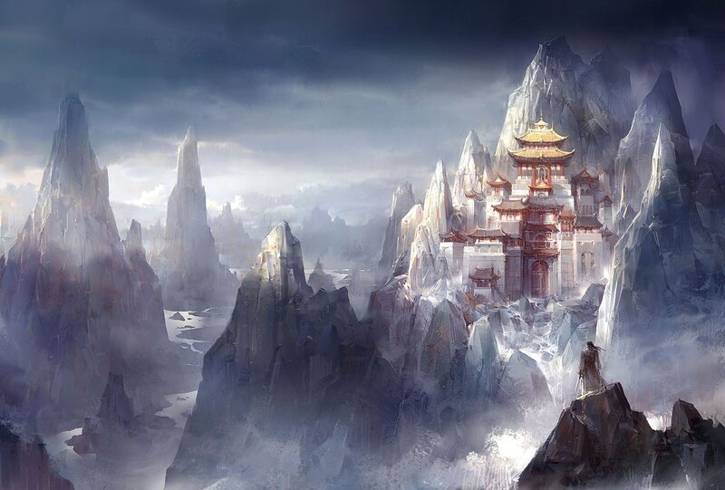 Mountain temple in mist