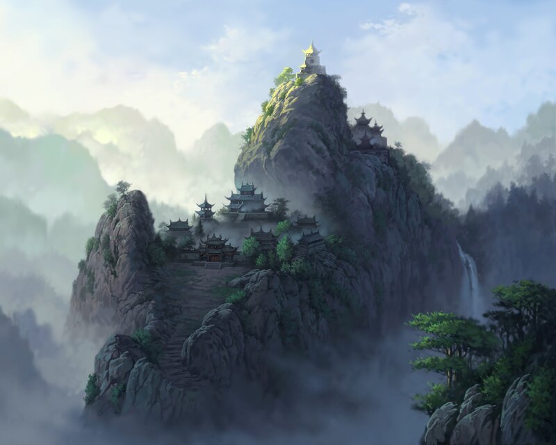 Mountain temple in mist