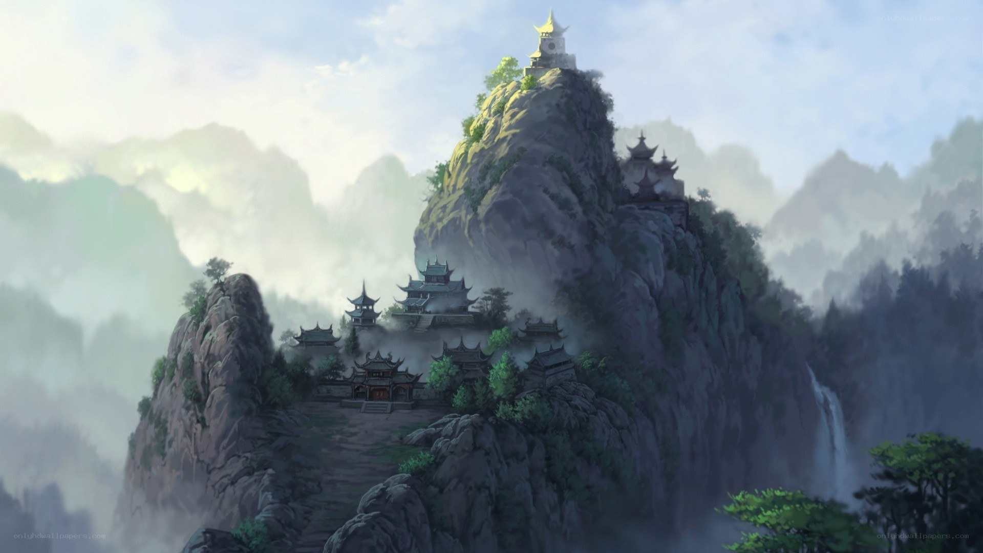mountain temple in mist