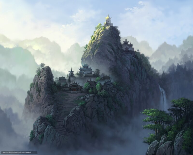 Mountain temple in mist