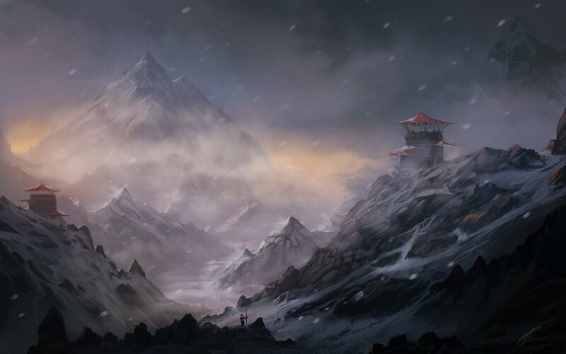 Mountain Temple in Snow — Gray