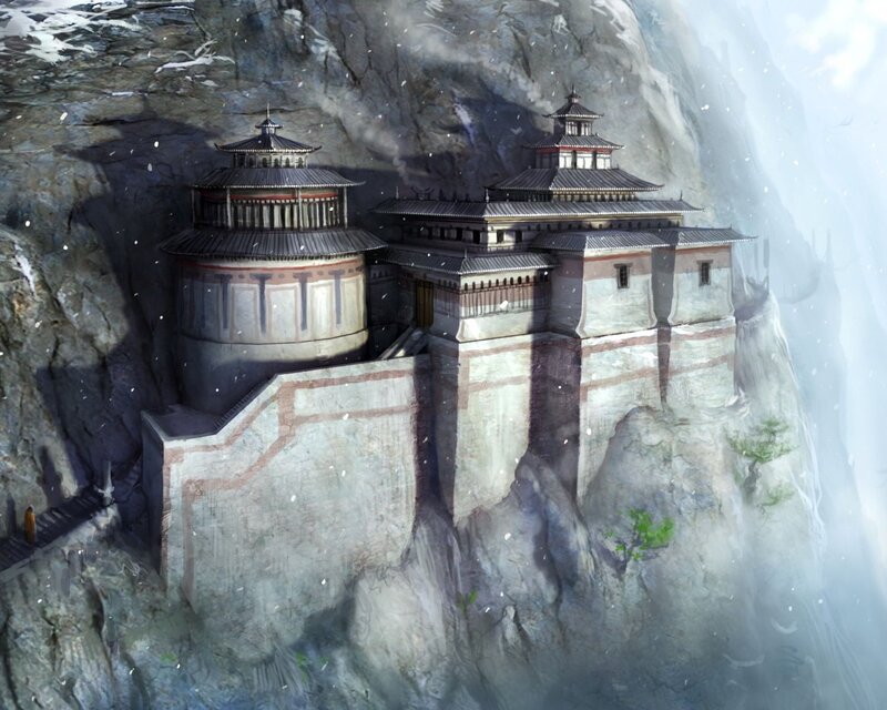 mountain temple in snow