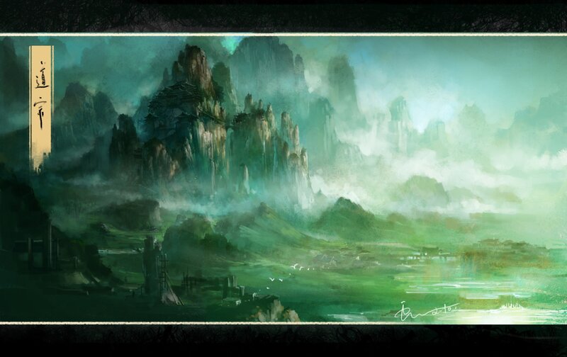 Mountain Temple Landscape — Green, Serene, Digital Art