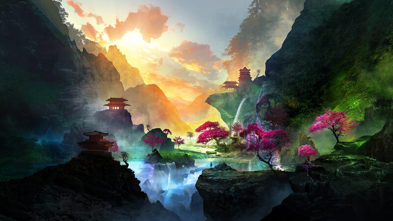 Mountain Temple Landscape — Green