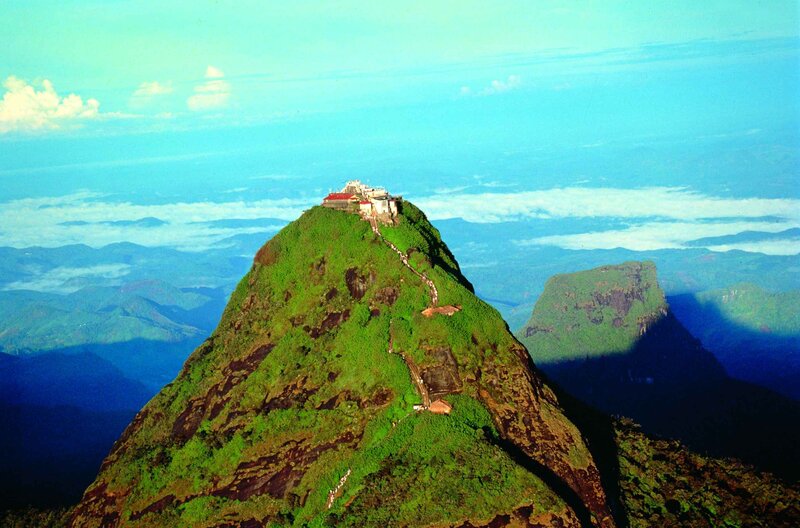 Mountain temple with clouds