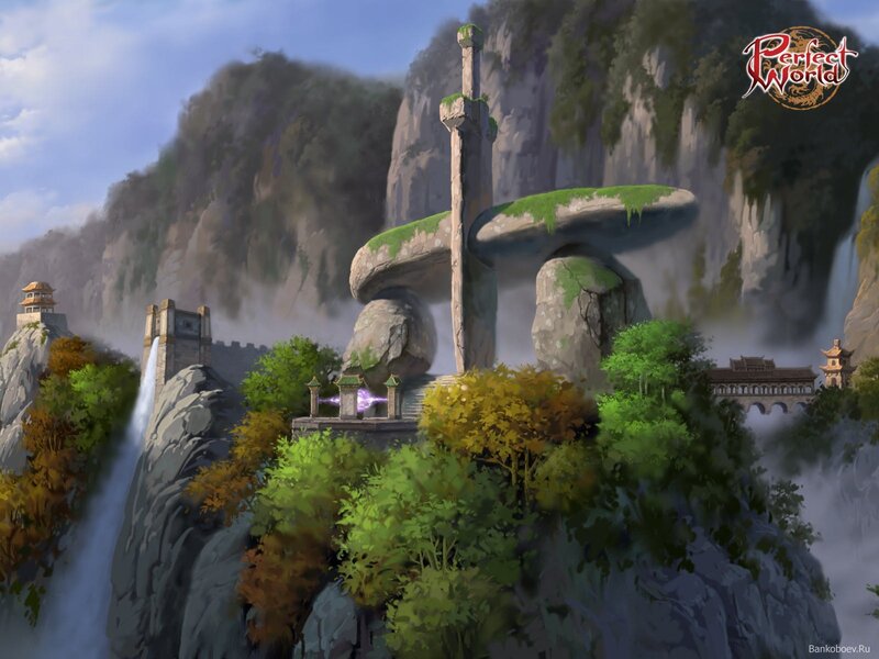 Mountain temple with waterfall