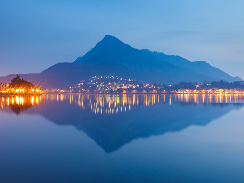 Mountain Town at Dusk — Blue, Serene