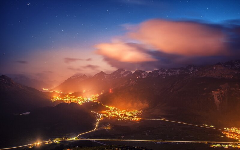 Mountain Town at Night — Blue