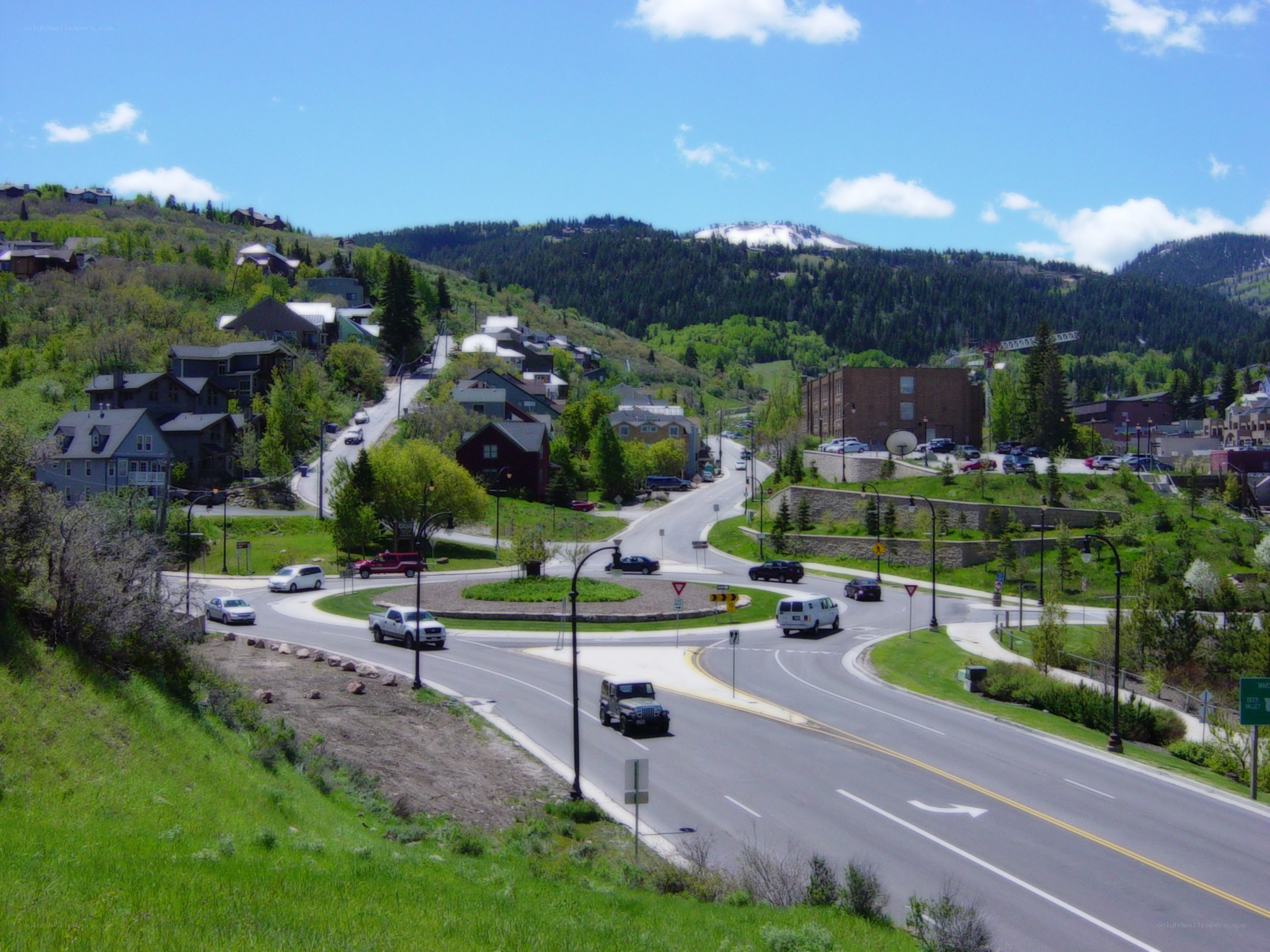 Mountain town with roundabout