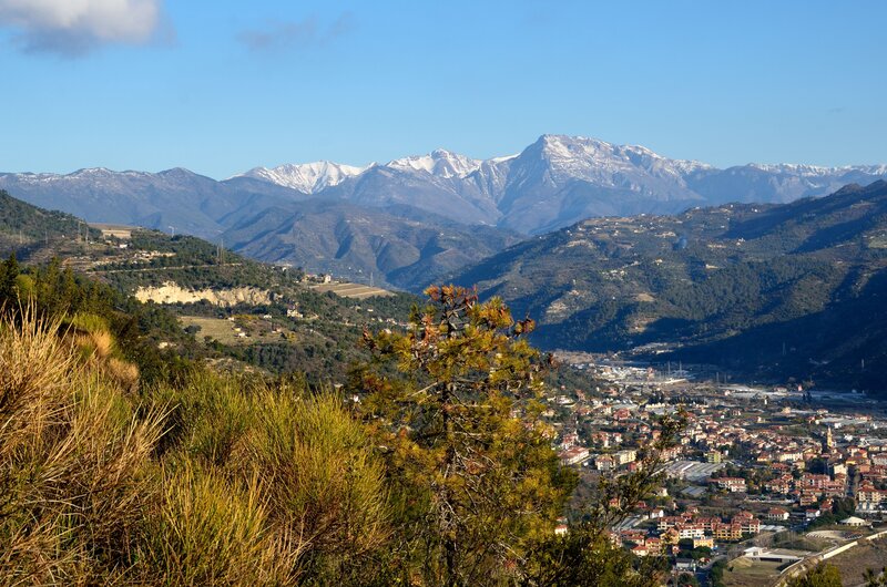 Mountain town with snow-capped peaks