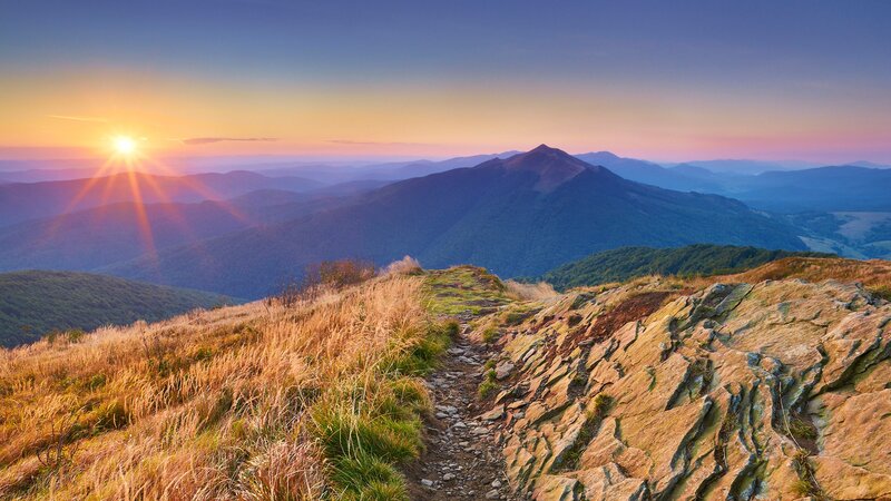 Mountain Trail at Sunrise — Blue