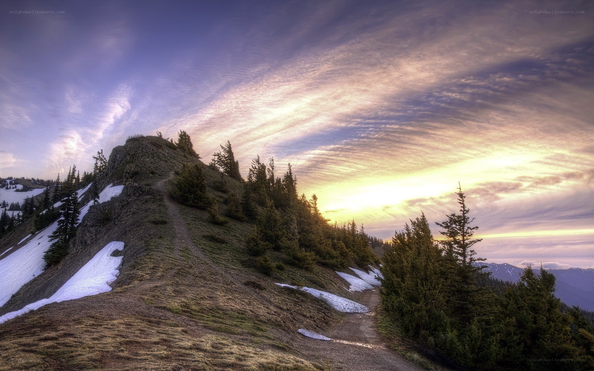 Mountain trail at sunset