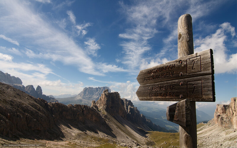 Mountain trail sign in the Dolomites