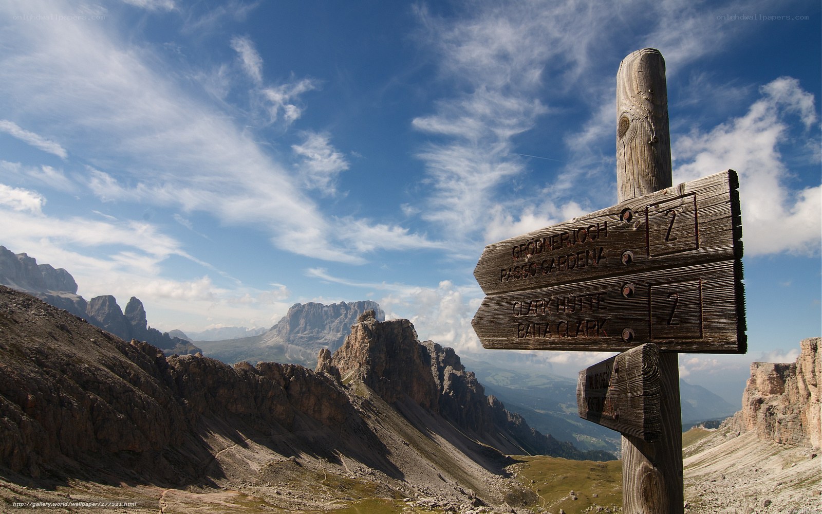 Mountain trail sign in the Dolomites