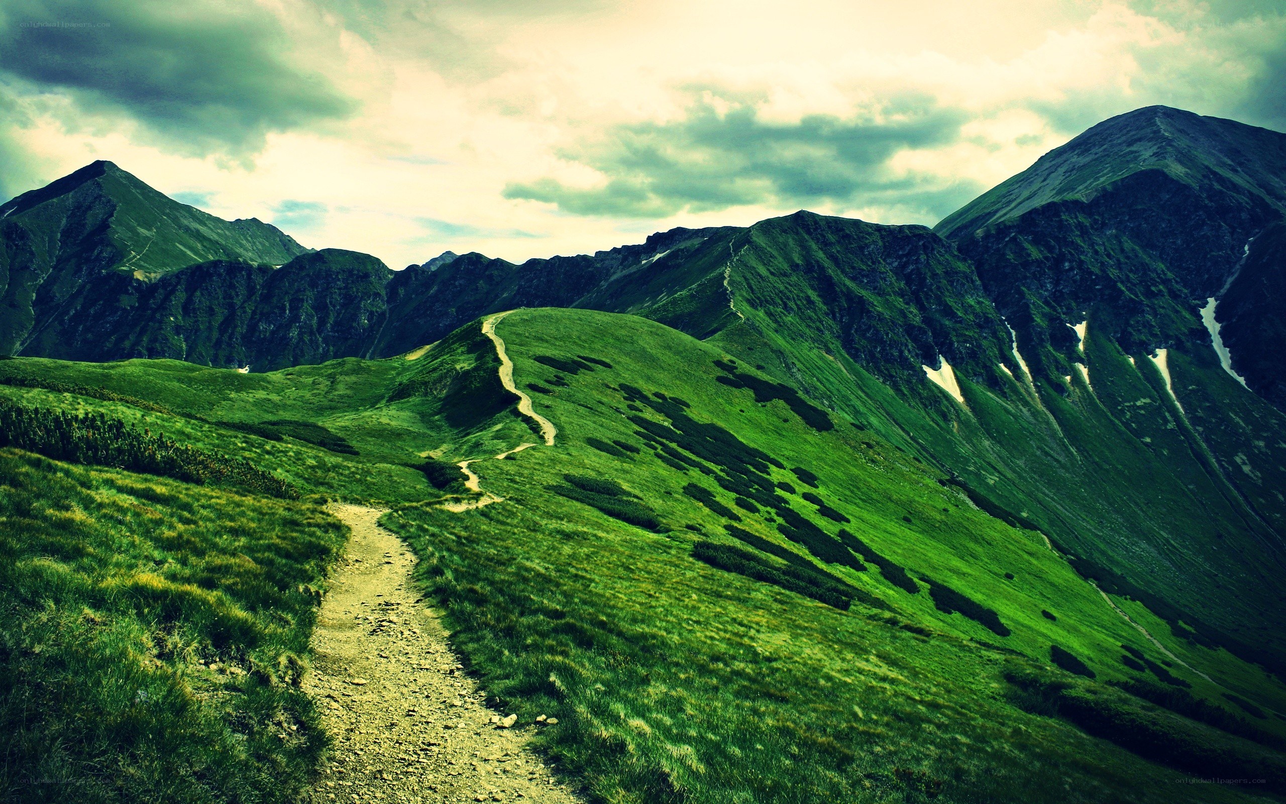 Mountain trail through green hills