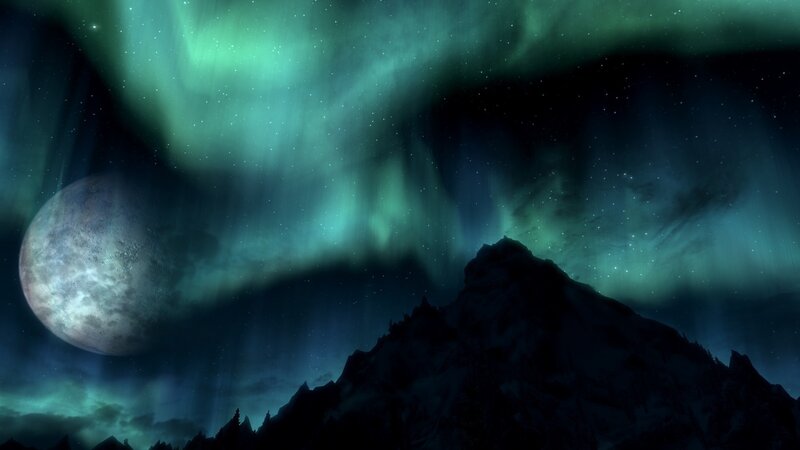 Mountain under Aurora — Green, Dramatic, Night, Digital Art