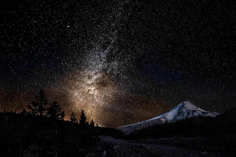 Mountain under Starry Sky — Black, Serene, Night, Photograph, Stars, Snow