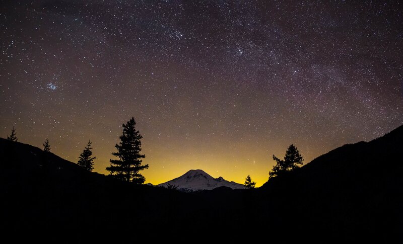 Mountain under Starry Sky — Black, Serene, Night, Photograph, Trees