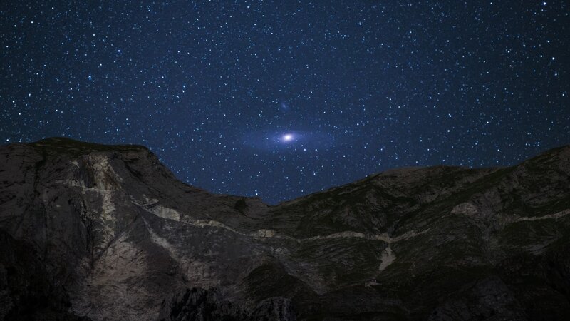 Mountain under Starry Sky — Blue, Serene, Night, Photograph, Stars, Galaxy