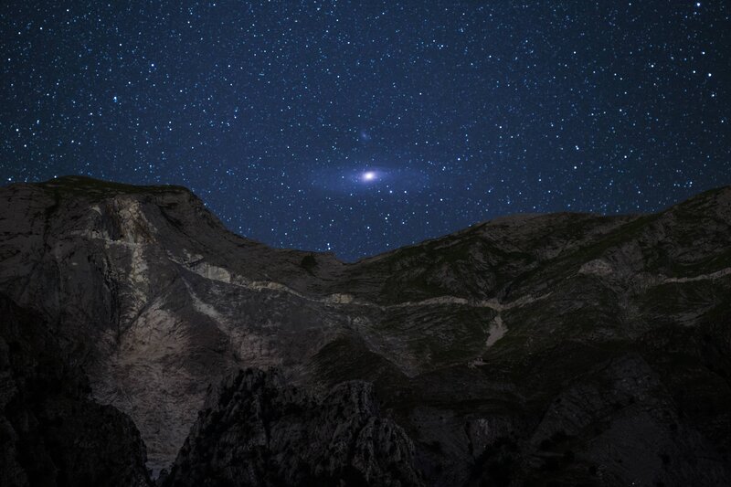 Mountain under Starry Sky — Blue, Serene, Night, Photograph