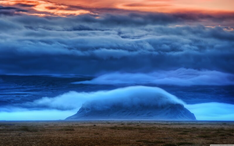 Mountain under Storm Clouds — Blue, Dramatic, Sunset, Photograph