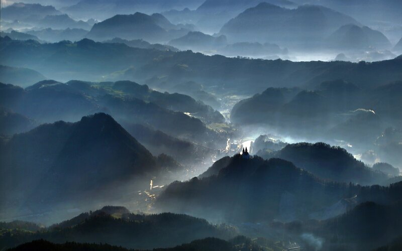 Mountain Valley at Dawn — Blue, Serene, Morning