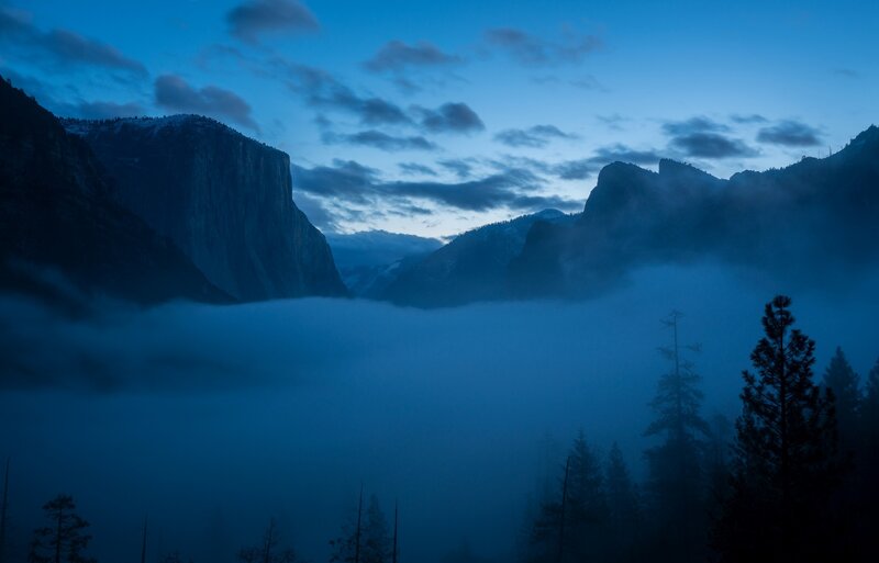 Mountain Valley at Dawn — Blue, Serene, Photograph