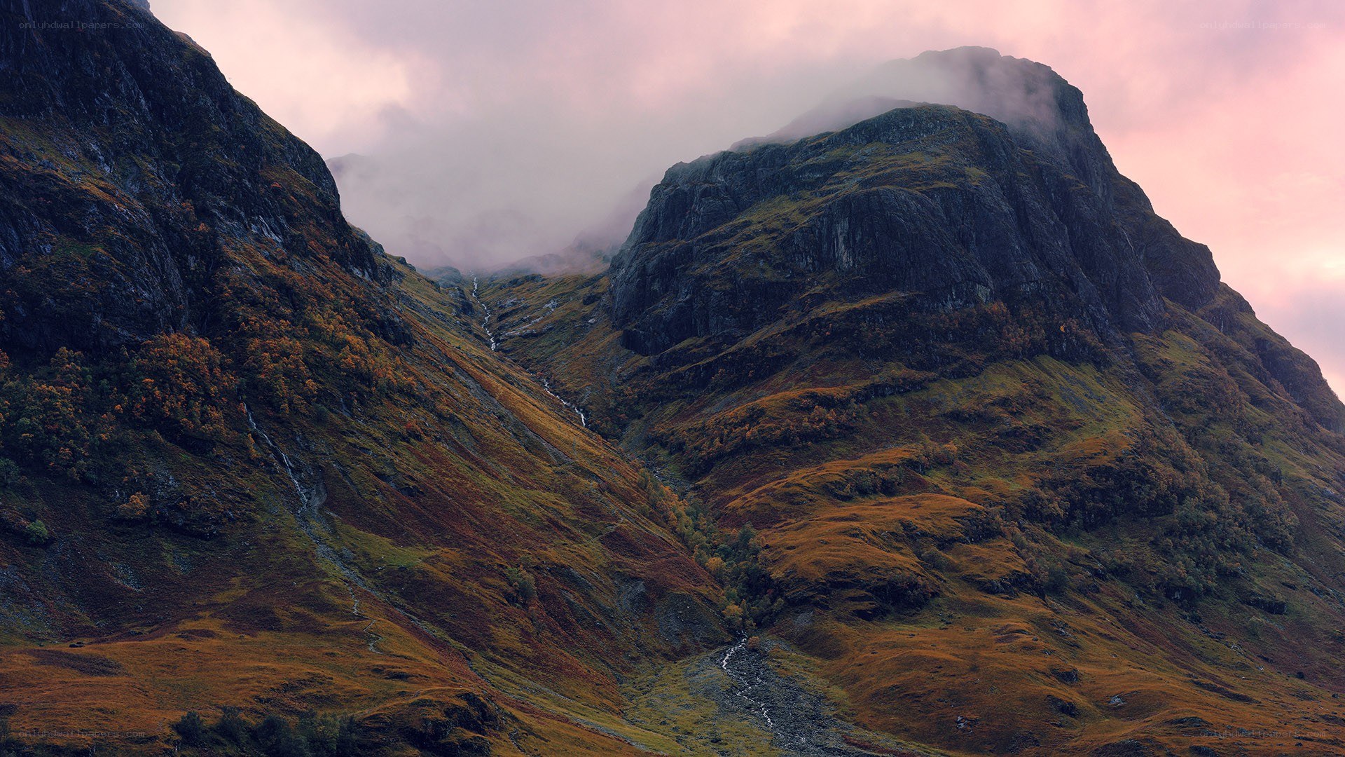 Mountain valley at dusk