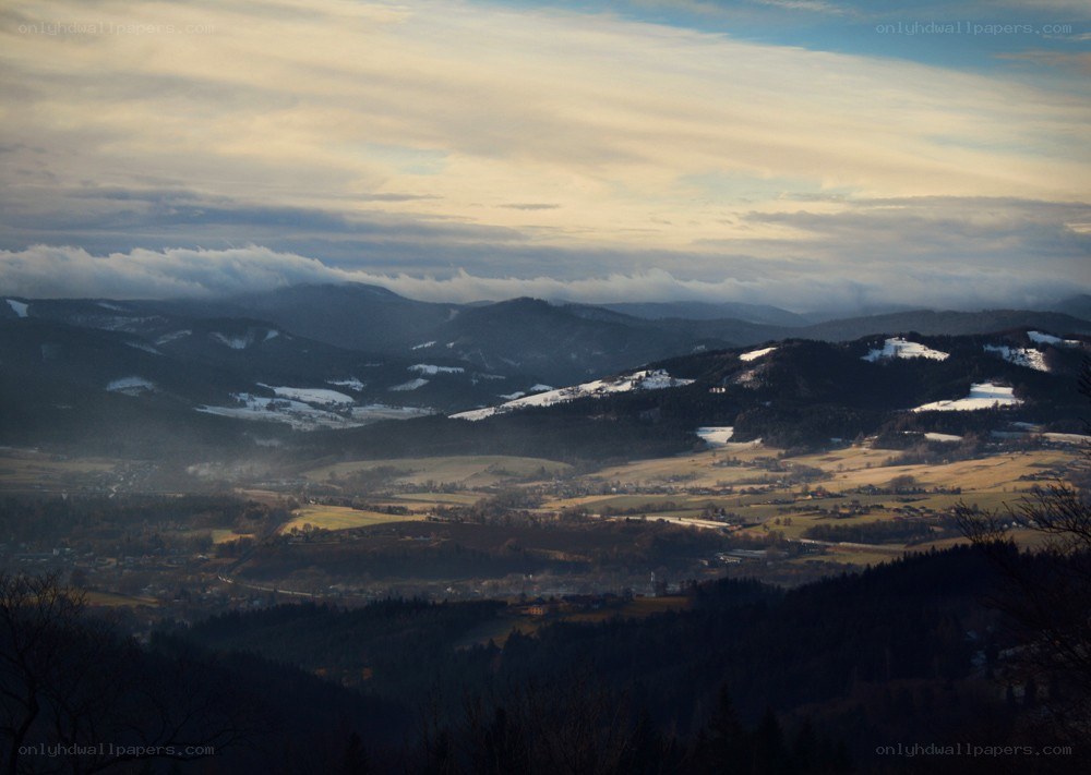 Mountain valley at dusk
