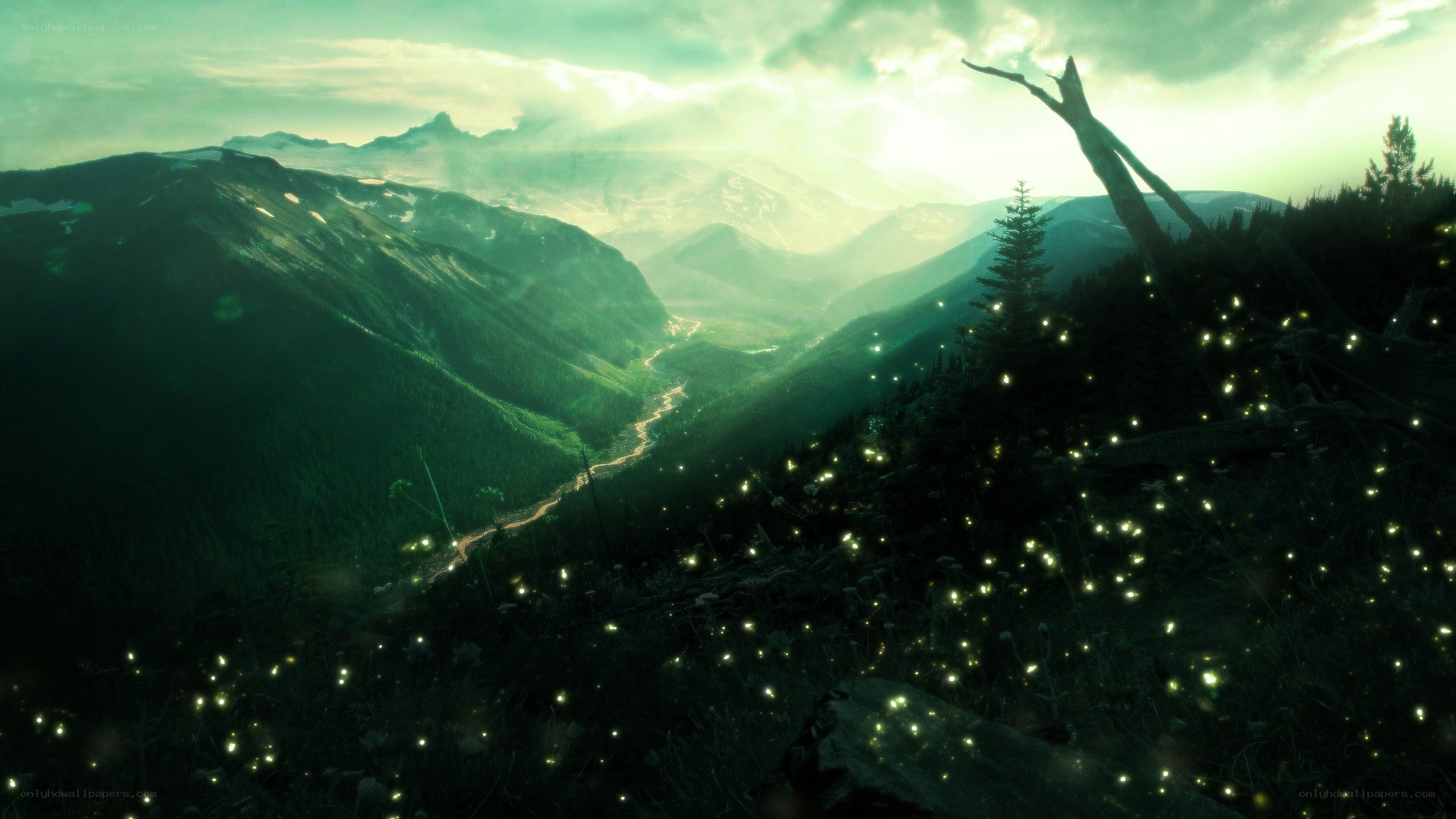 mountain valley at dusk