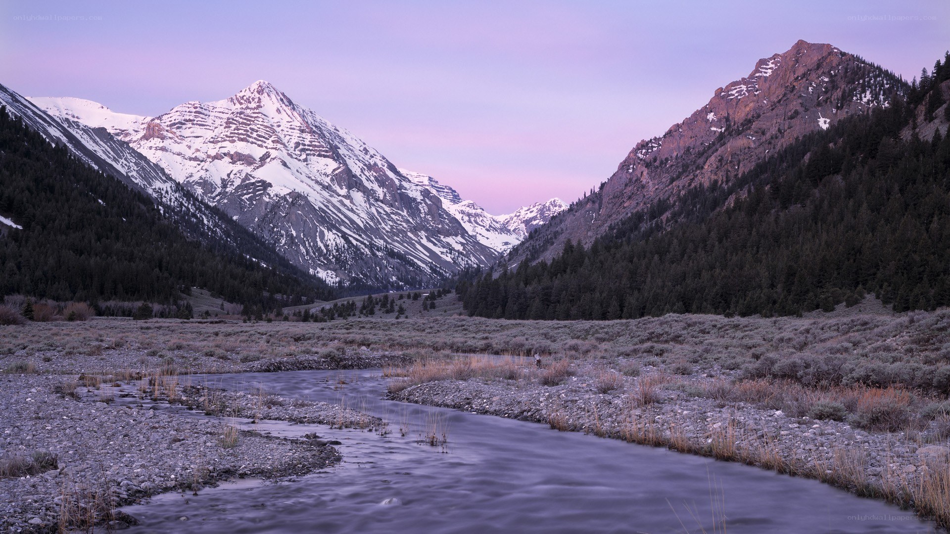 Mountain valley at dusk