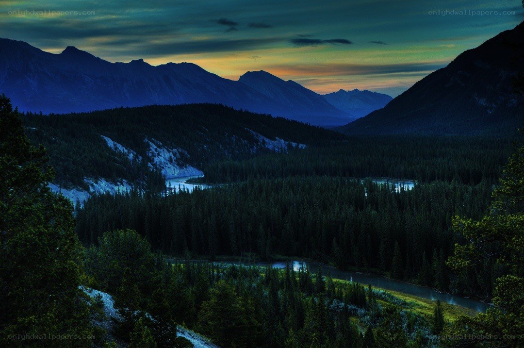 Mountain valley at dusk