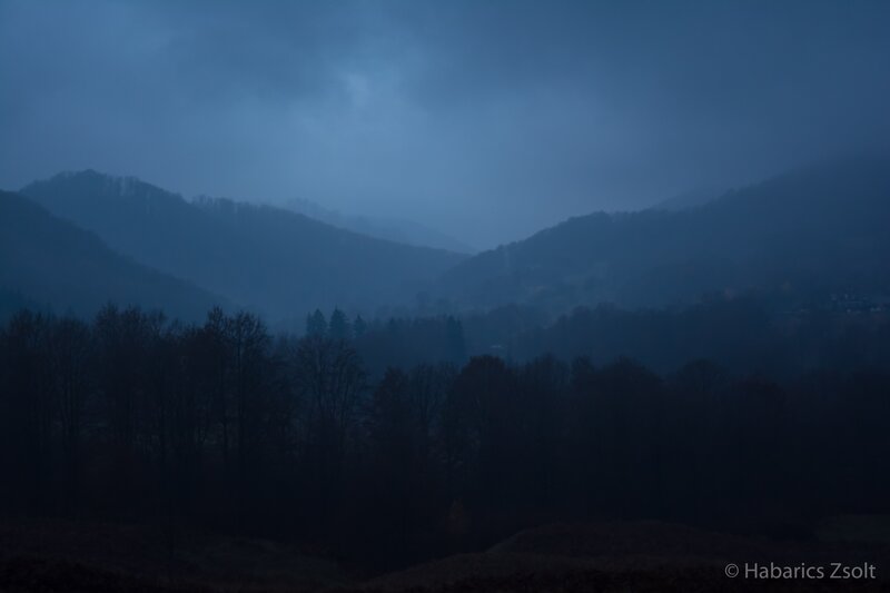 Mountain Valley at Dusk — Blue, Moody