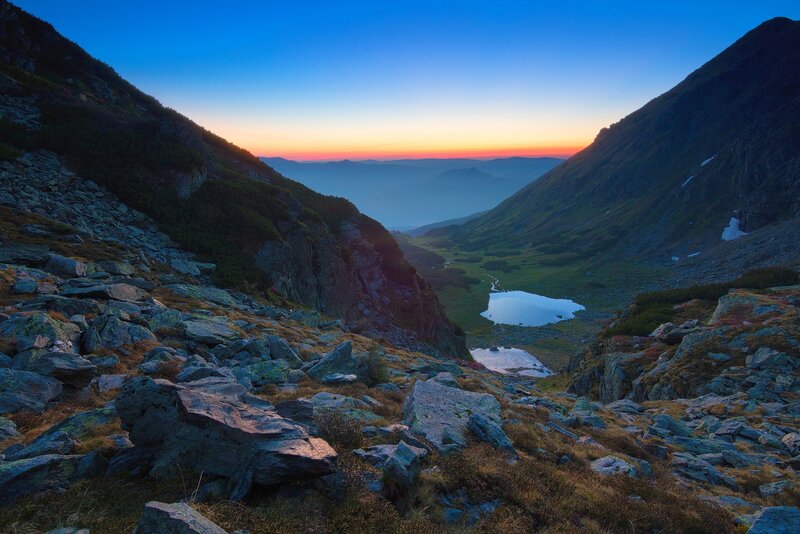 Mountain Valley at Dusk — Blue, Serene, Sunset