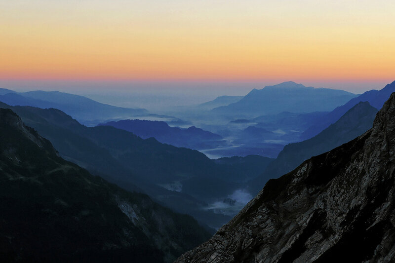 Mountain Valley at Dusk — Orange, Serene, Sunset