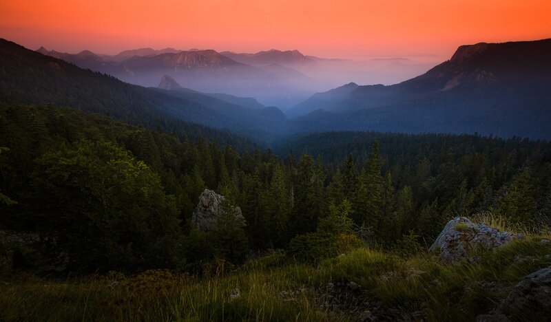 Mountain Valley at Dusk — Orange, Serene