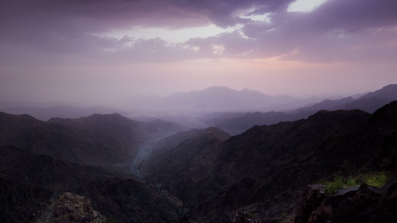 Mountain Valley at Dusk — Purple, Dramatic